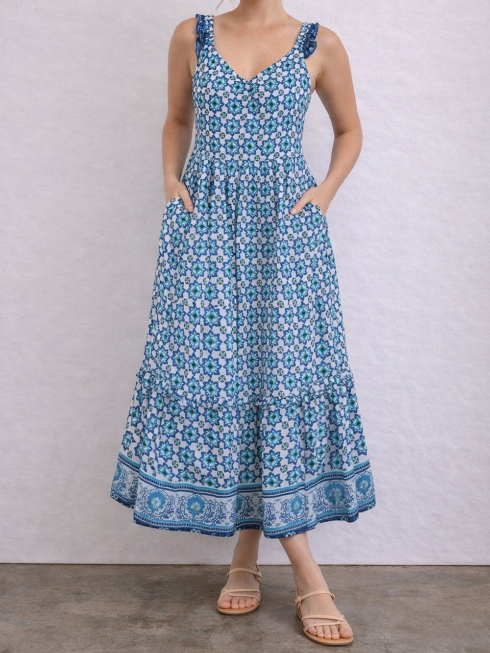 Blue Floral Tiered Maxi Dress with Ruffle Straps
